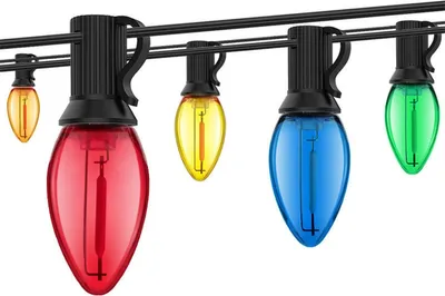 A string of colorful Christmas lights against a white background.