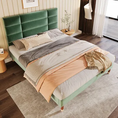Image de MODFU Lit double 140x200 cm - Sommier à Lattes - Tête Capitonnée - Vert