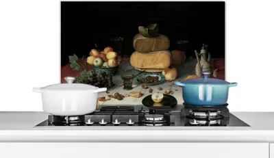 Produktbild von KitchenYeah®  Spritzschutz Küche - Küchenrückwand - Wandschutz für Herd und Spüle - Stilleben mit Käse - Kunstwerk - Alte Meister 60x40 - Alu-Dibond (Alternative zum Spritzschutz aus Glas) - Hitzebest