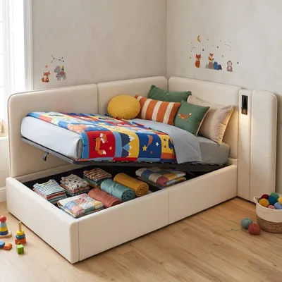 Produktbild von Daybett 90x200 cm mit hydraulischem Stauraum, Polsterbett mit USB/Typ-C & Leselampe, Bouclé Beige, platzsparendes Funktionsbett & Schlafsofa bis 150kg