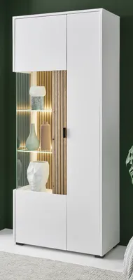 Produktbild von Vitrine "Merced" Vitrinenschrank weiß Eiche, 75 x 180 cm, mit Soft-Close und Staboptik