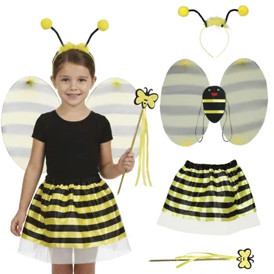 Imagen del producto de Conjunto de disfraz de Hummelchen para Carnaval: alas, diadema, varita mágica, tutú. Diseño de abeja aventurera, con rayas negras y amarillas. Color: amarillo