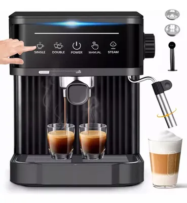 A black espresso machine is shown making coffee, with two cups of espresso being filled and a third glass with latte foam. The machine has a digital display with icons and text labels.