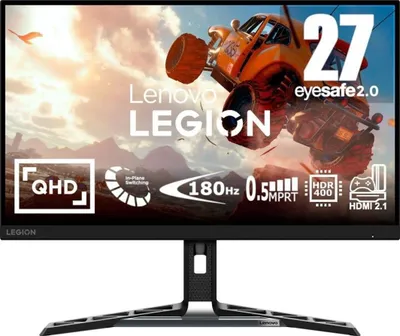 A marketing image for a Lenovo Legion gaming monitor, featuring a dynamic game scene and product specifications.
