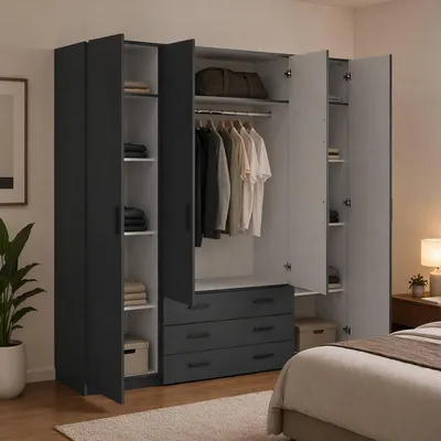 Produktbild von Großer Kleiderschrank Epipola, Schlafzimmermöbel, Schrank, Garderobe, 196x50 h200 cm, Grau