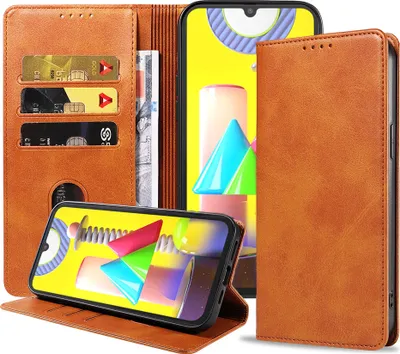 Produktbild von Smartphonica Samsung Galaxy M31 leren  hoesje met magnetische sluiting en pashouders book case – Bruin