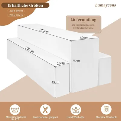 Obrázek produktu pro Sada potahů na nábytek do pivního stanu: 2 potahy na lavice, 1 potah na stůl, bílá barva, polyester, 220 cm