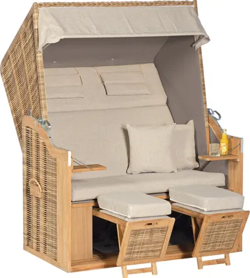 Produktbild von Rustikal Strandkorb 34 Z XL Teak, 2-Sitzer XL Teak zum Selbstaufbau, Halblieger Ostseeform, Geflecht natura-antik, Strukturpolyester uni, ca. 140x80x160 cm