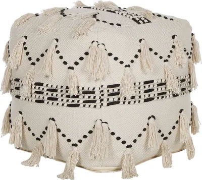 Obrázok produktu pre BELIANI Puf taburetka na sedenie béžová s čiernym bavlnená so strapcami boho retro dekoratívne doplnky