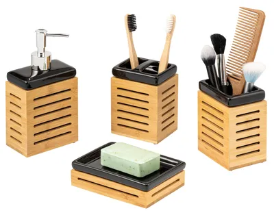 Immagine prodotto di bremermann set da bagno 4 pezzi, bambù, Vetroceramica, nero, set di accessori da bagno