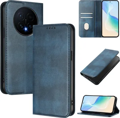 Image de Housse de téléphone portable pour Honor Magic8, Vintage Cuir RFID Protection Porte-carte Stand Fonction Housse rabat magnétique Bleu