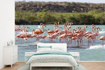 Produktbild von MuchoWow® Fototapete für Wohnzimmer oder Schlafzimmer Wandtapete Vinyl Motivtapete Eine große Gruppe von roten Flamingos steht im Wasser - 450x300 cm - Gemusterte