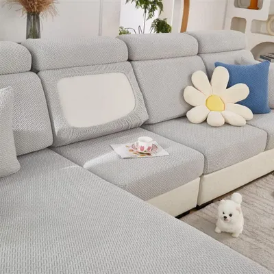 Obrázek produktu pro Potah na sedací polštáře pro pohovku ve tvaru "L", světle šedý, tkaný, elastický, 95 % polyester, 5 % Elastan