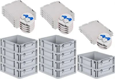 Produktbild von SuperSparSet 10x Eurobox NextGen Grip mit Scharnierdeckel und blauen Schiebeschnappverschlüssen | HxBxT 12x30x40cm | 11 Liter | Grau | Griffe geschlossen | Glatter Boden | Eurobehälter, Transportbox, Transportbehälter, Stapelbehälter