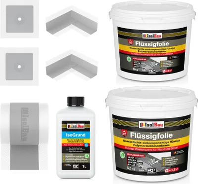 Produktbild von Isolbau Dicht-Set - Inkl. 1x Flüssigfolie (9,5 kg), 1x Grundierlösung (1 L), 1x Dichtband (5 m), 2x Innenecken & 2x Manschetten
