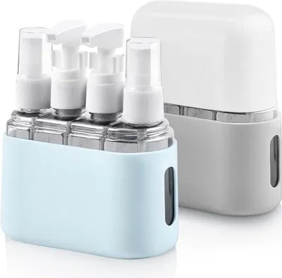 Produktbild von Transparente Reiseflaschen, nachfüllbar für Toilettenartikel – 4-in-1-Set – Sprühflaschen, Pumpflaschen, Etiketten, Box-Reiseflaschen, 100 ml