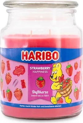 Obrázek produktu pro Svíčka s vůní Haribo Strawberry Happiness, svíčka ve skleničce, jahodová vůně, doba hoření až 100 h, 510 g