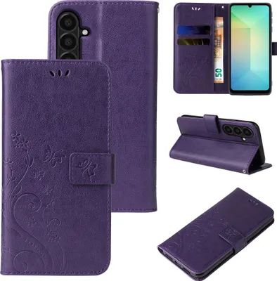 A collage of images showing a purple floral butterfly flip phone case from different angles.