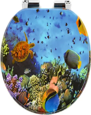 A toilet seat with a vibrant underwater scene featuring a sea turtle, coral, and various fish.