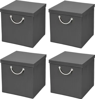 Produktbild von 4 Stück Dunkelgrau Faltbox 30 x 30 x 30 cm Aufbewahrungsbox faltbar mit Kordel und mit Deckel