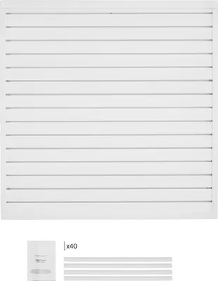 A white slatted wall panel with a small package and several white strips below it.