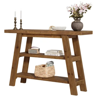 Image de Table de console en bois massif, table d'entrée de 120 cm de long de style campagnard avec étagères à 3 niveaux, tables basses rectangulaires Tables d'accentuation derrière le canapé