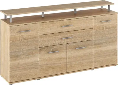 A light brown wooden sideboard with four doors and drawers, topped with a shelf supported by metal posts.