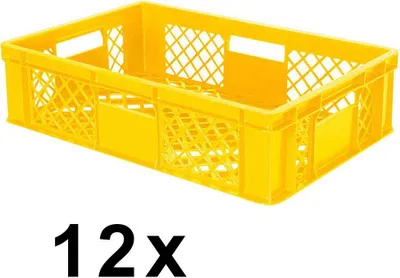 A yellow plastic crate is shown from a slightly elevated side angle, with the text "12x" below it.