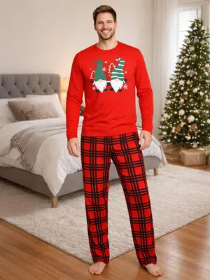 Produktbild von Weihnachtswichtel XMAS Schlafanzug für Herren - Christmas Winter Pyjama Set Weihnachten Langarm Oberteil mit Hose Rot/Schwarz L