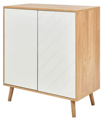 Produktbild von Skandinavisches Sideboard aus MDF mit Holzfurnier, 2 Türen und Regalen, Aufbewahrungslösung für Schlafzimmer in Weiß und hellem Holz