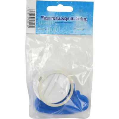 A product packaged in a clear plastic bag, showing a white cap with a gray ring and a blue base.