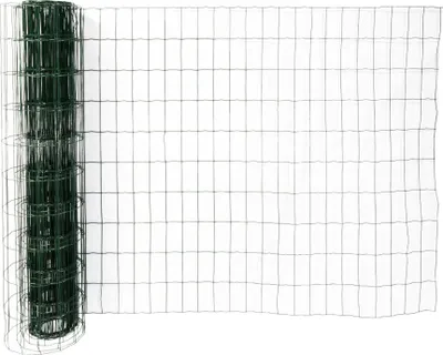 A roll of green wire mesh fencing on a white background.