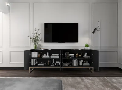 A modern living room scene featuring a black TV cabinet with a television mounted above it.