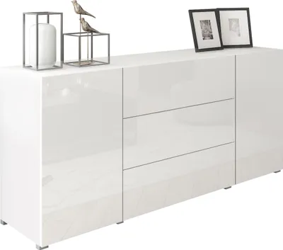 Produktbild von MIRJAN24 Türkommode Berlin 150, Stilvoll Wohnzimmer, Kommode mit zwei Drehtüren und drei Schubladen (Farbe: Weiß / Weiß Hochglanz)