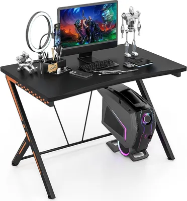 Produktbild von Gamingtisch Computertisch ergonomisch, PC Laptop Tisch Gaming Desk mit Kohlefaserbeschichtung, Schreibtisch Bürotisch Arbeitstisch für Gaming Arbeiten, Schwarz