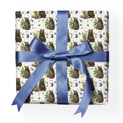 Produktbild von Schönes Wald-Tier Geschenkpapier mit Braunbär Fuchs Blüten, weiß - G23073, 32 x 48cm