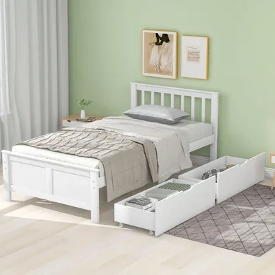 Image de okwish Lit en bois 90x200 cm, lit simple, lit pour adolescent/adulte, avec tiroirs, cadre en pin, blanc