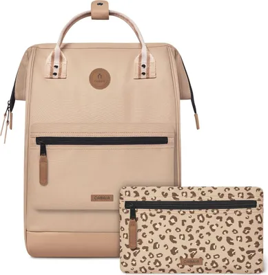 A beige backpack and a leopard print pouch are displayed against a white background.