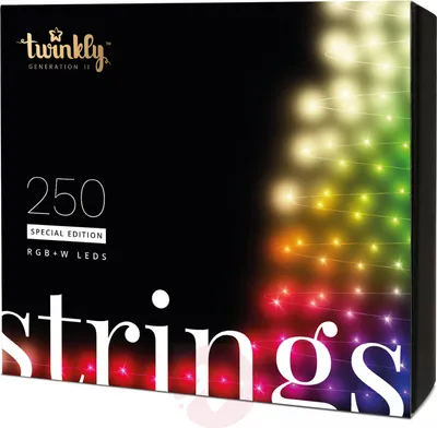 The image shows the packaging of Twinkly Strings LED lights, with the product name and specifications visible. A gradient of colorful lights is displayed on the right side of the packaging.