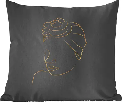 Produktbild von MuchoWow® Zierkissen Sofakissen Wohnzimmer Dekokissen 40x40 cm Frau - Kopftuch - Gold - Strichzeichnung - Foto Kissen - Schlafzimmer Dekoration