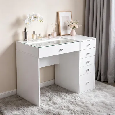 Image de VANITII Coiffeuse avec Plateau en Verre et Éclairage LED, Coiffeuse pour Chambre à Coucher, 6 Tiroirs, 92×55×81 cm, Blanc