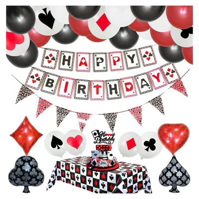 Produktbild von Casino Party Dekoration Set: Poker Banner, Tischdecke, Ballons, Kuchenaufsatz
