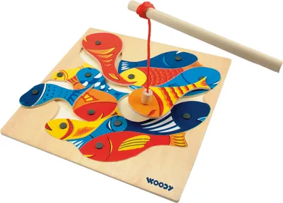 A wooden fishing game with colorful fish pieces and a magnetic fishing rod.
