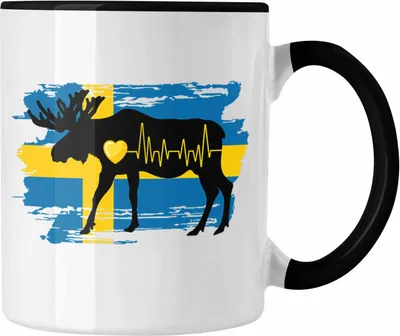 Produktbild von Trendation - Schweden Elch Herzschlag Tasse Geschenk für Schweden-Fans Hobby Geschenkidee (Schwarz)