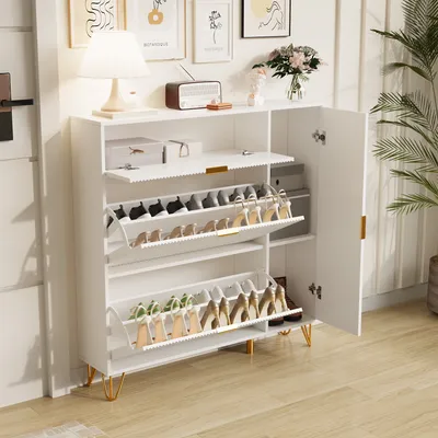 Produktbild von ProximaX Schuhschrank mit 2 Klappen, Schuhregal Schuhkipper Schmal, Schuhschrank Weiss, mit 3 Fächern, Schuhablage Verstellbar, 110 x 24 x 111.5 cm, für Eingangsbereich, Flur