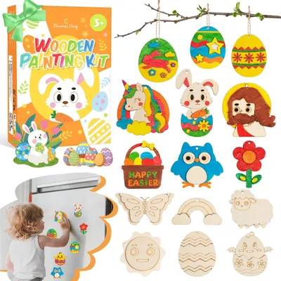 Immagine prodotto di Kit per creare oggetti in legno, 15 pezzi, ideale per realizzare magneti per frigorifero, un regalo di Pasqua per bambini