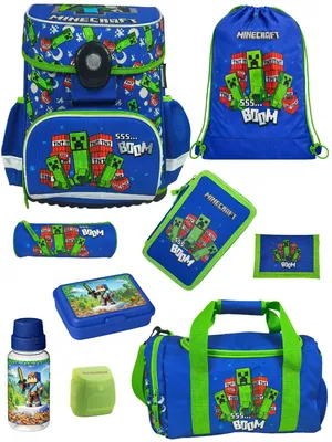 Produktbild von Bauer Minecraft Schulranzen für 1. bis 4. Klasse - Set 9-teilig mit Dose, Flasche und Sporttasche - Schultasche Jungen, ergonomisch, leicht, geräumig