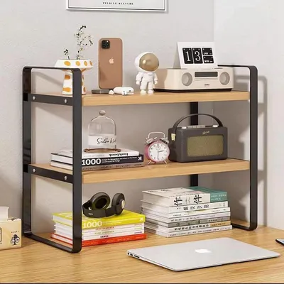 Immagine prodotto di Scrivania con scaffalatura a 2 ripiani, organizer, colore nero e legno, dimensioni 40x20x36 cm
