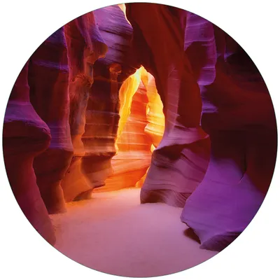 Produktbild von Wallario Premium Glasbild, freischwebende Optik, kräftige Farben, rund 50cm Durchmesser, Motiv Felsschlucht in Arizona USA - orange und violett