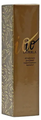 Goldfarbene Verpackung von La Perla Io Deodorant Parfumé, 100 ml, mit glänzender Front, schwarzer Schrift und dekorativem Muster an den Seiten.